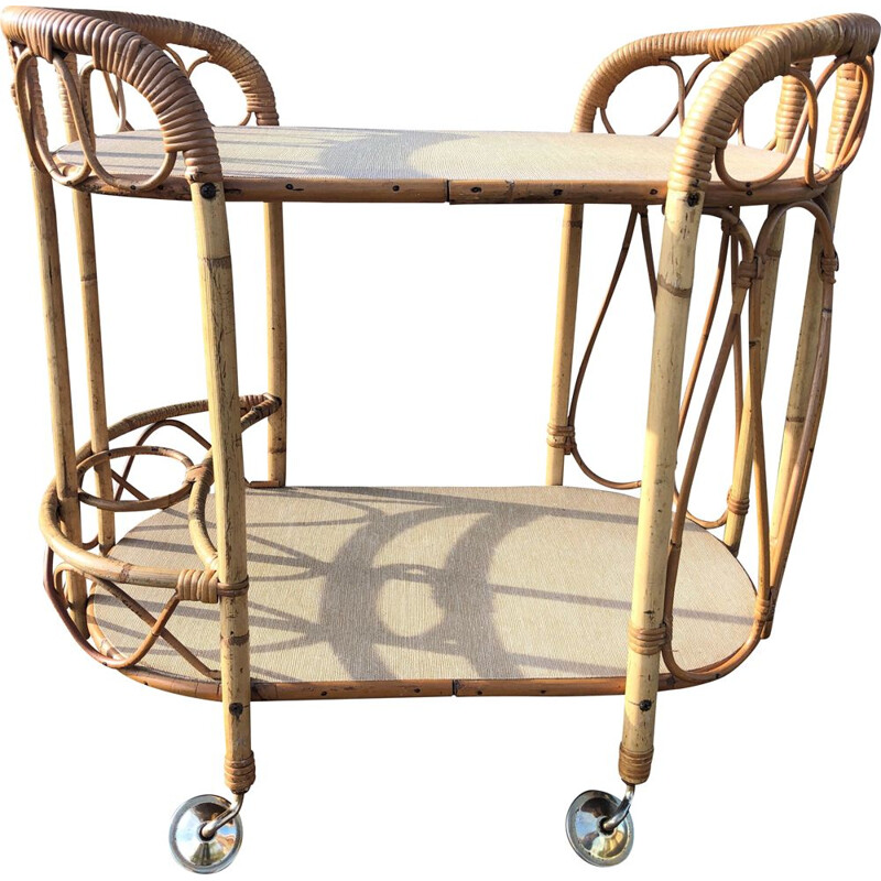 Vintage two-tray rattan and bamboo trolley, 1960s
