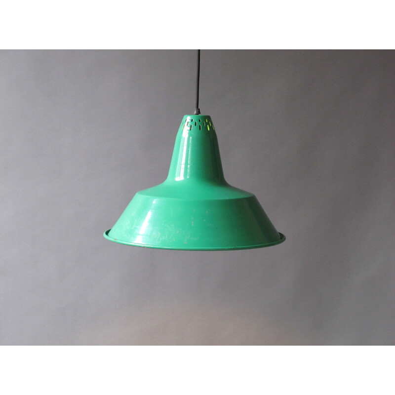 Industrial green hanging lamp in steel - 1960s