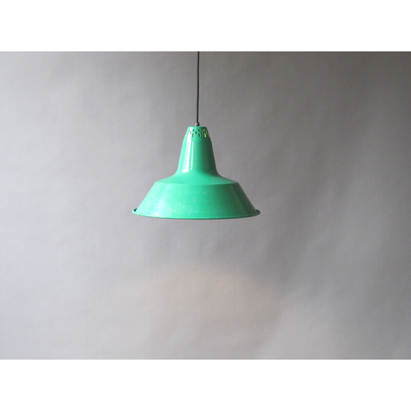 Industrial green hanging lamp in steel - 1960s