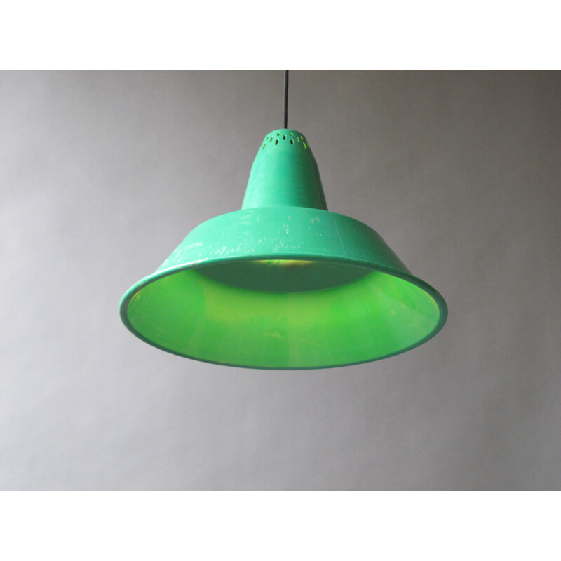 Industrial green hanging lamp in steel - 1960s