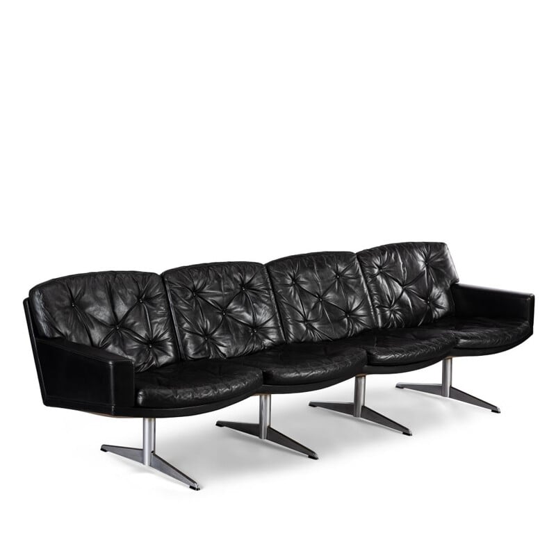 Black Leather Midcentury Modern 4-Seat Sofa by Lystager, 1960s