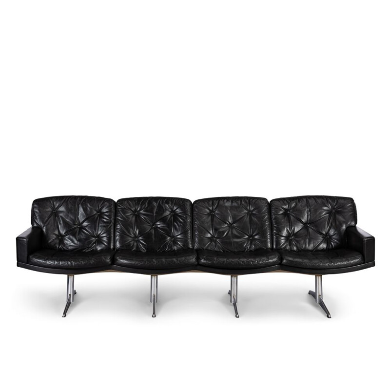 Black Leather Midcentury Modern 4-Seat Sofa by Lystager, 1960s