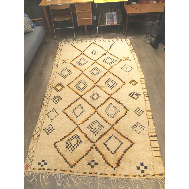 Very large beige Azilal rug with orange and blue details - 1970