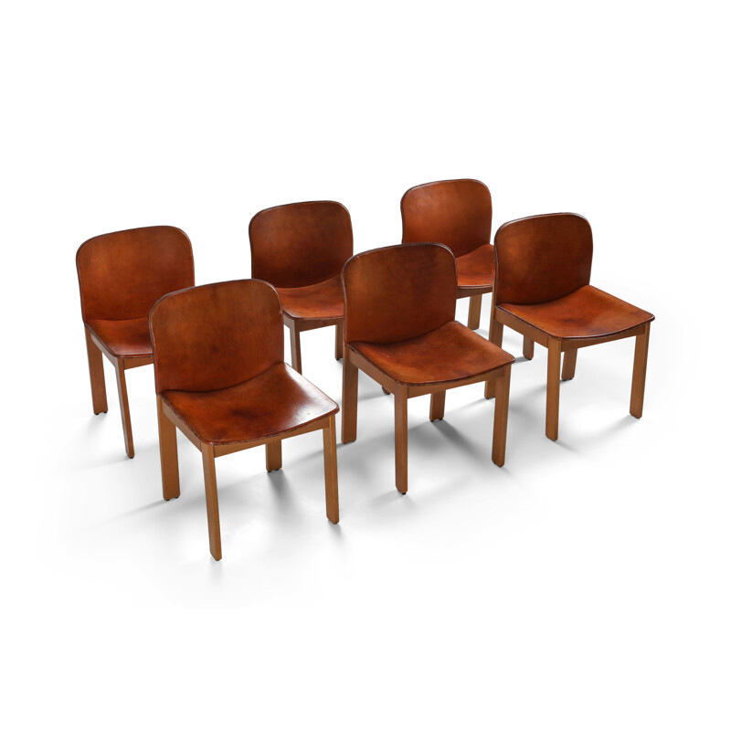 Set of 6 Vintage Cognac Leather Dining Chairs by Afra & Tobia Scarpa, 1970s