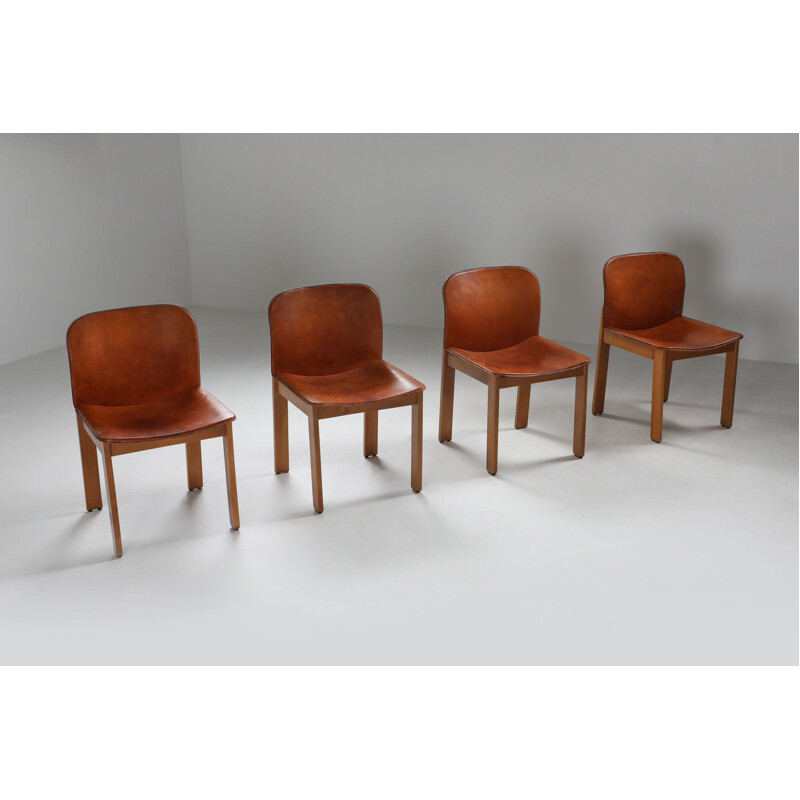 Set of 6 Vintage Cognac Leather Dining Chairs by Afra & Tobia Scarpa, 1970s
