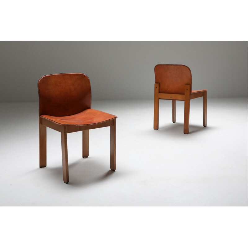 Set of 6 Vintage Cognac Leather Dining Chairs by Afra & Tobia Scarpa, 1970s