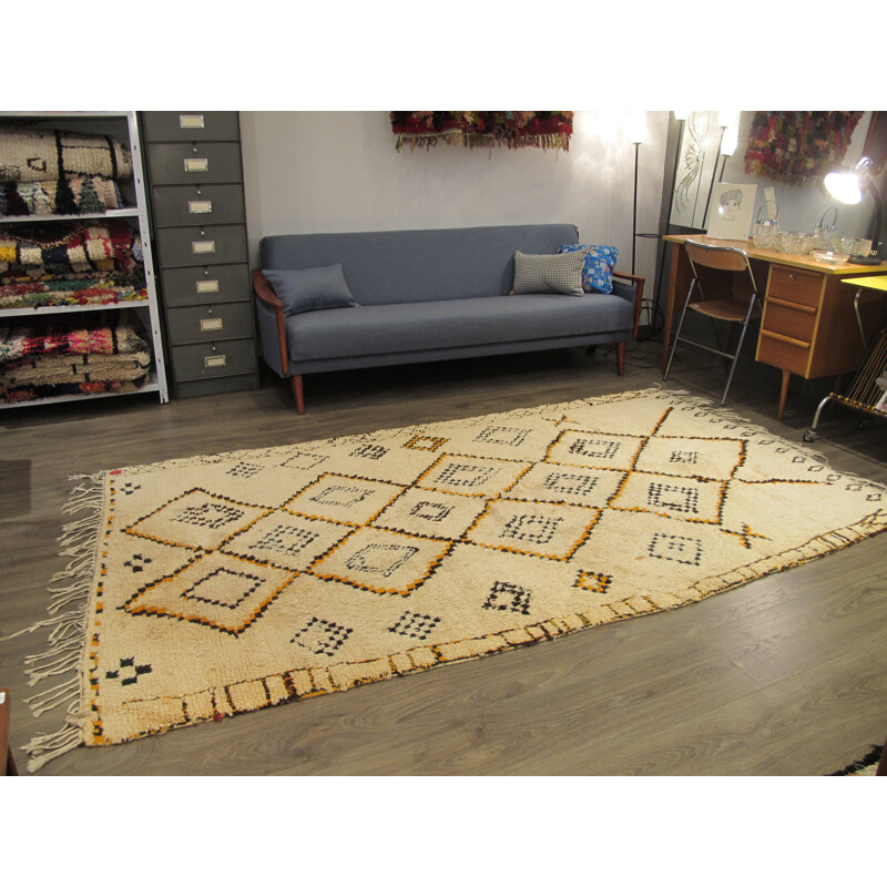 Very large beige Azilal rug with orange and blue details - 1970