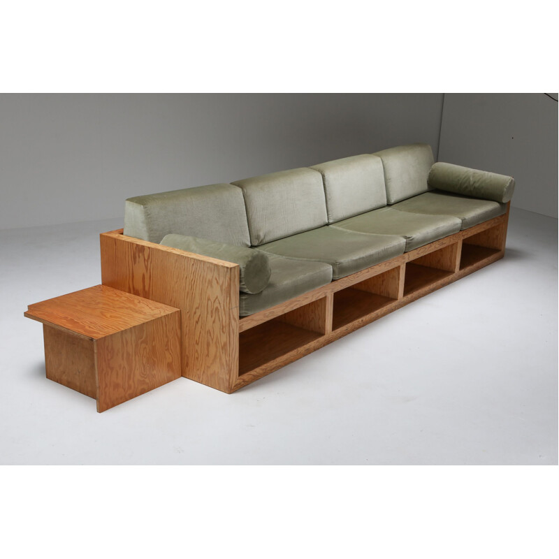 Vintage sofa in pitch pine and velvet, 1960s