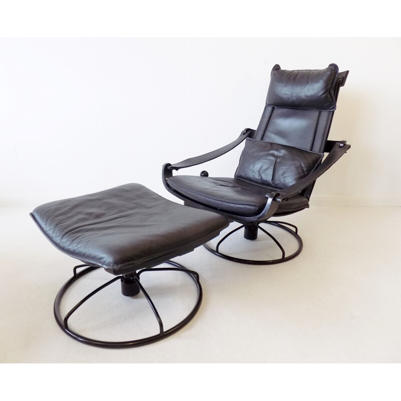 Vintage Ake Fribytter black leather lounge chair with ottoman for Nelo