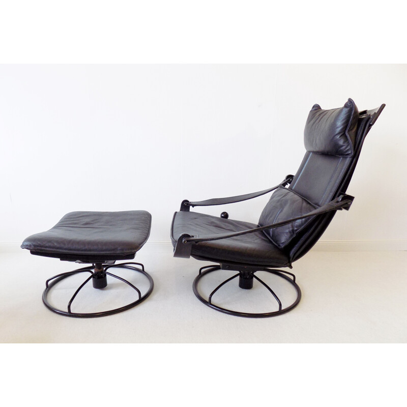 Vintage Ake Fribytter black leather lounge chair with ottoman for Nelo