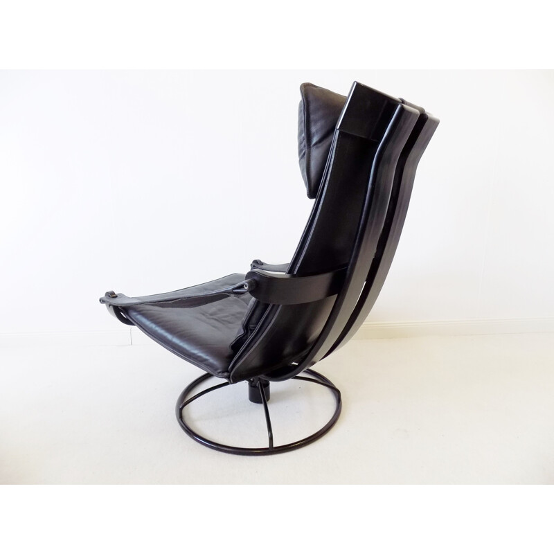 Vintage Ake Fribytter black leather lounge chair with ottoman for Nelo