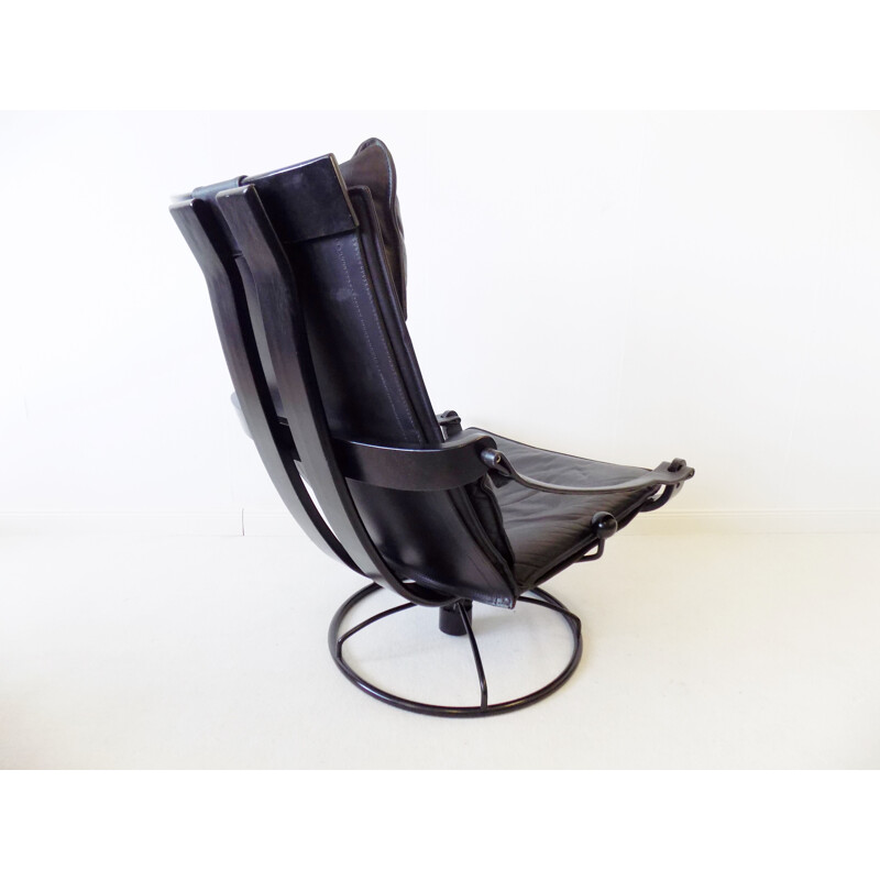 Vintage Ake Fribytter black leather lounge chair with ottoman for Nelo