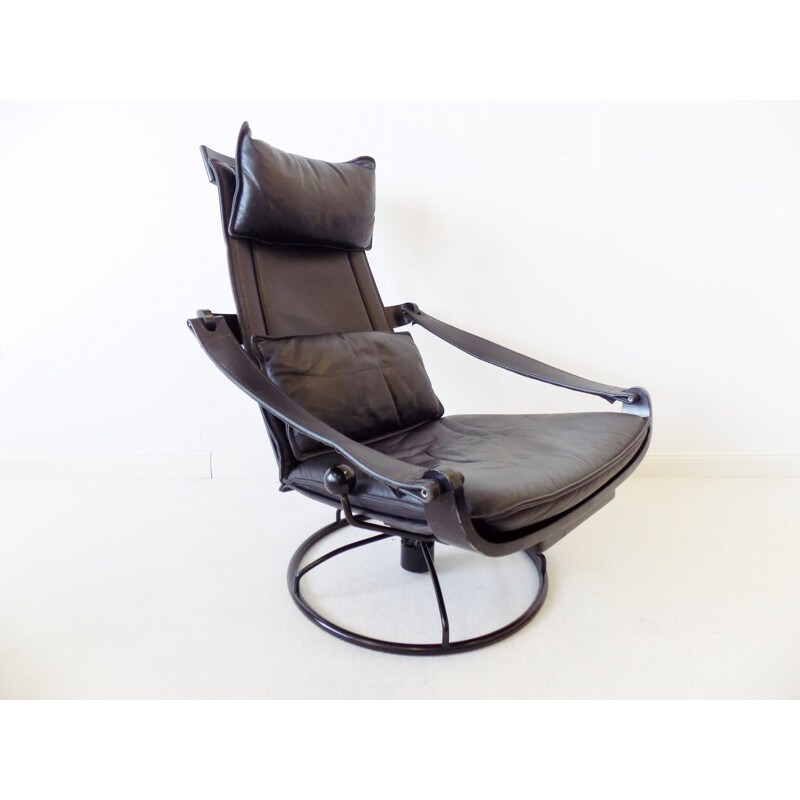 Vintage Ake Fribytter black leather lounge chair with ottoman for Nelo