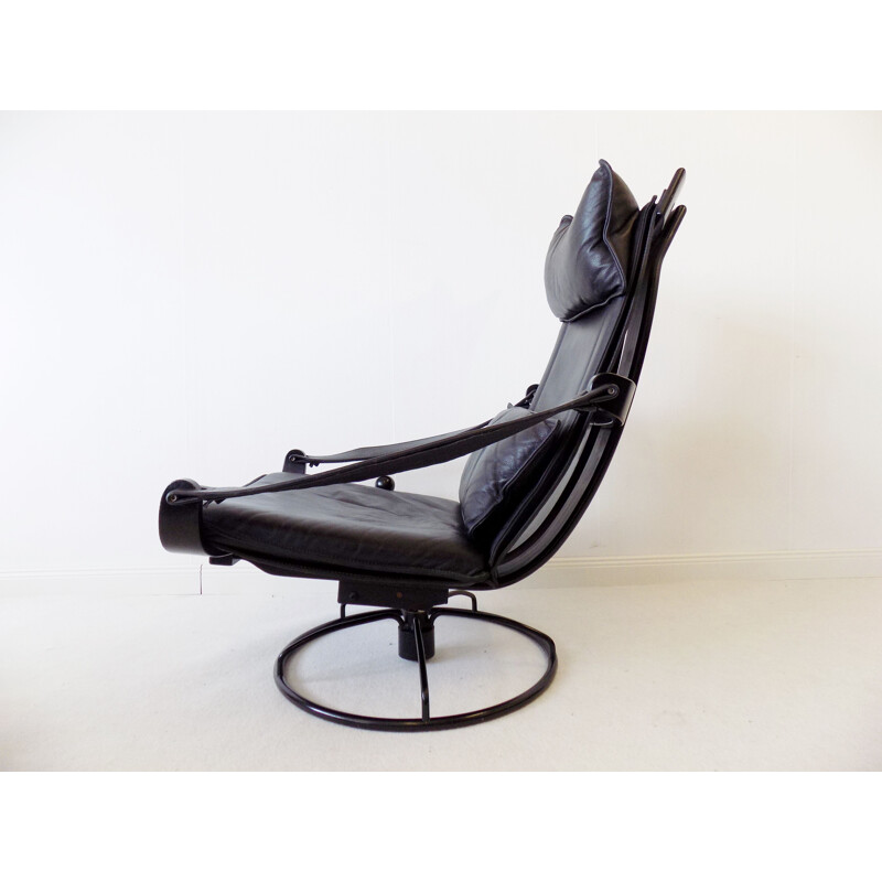 Vintage Ake Fribytter black leather lounge chair with ottoman for Nelo