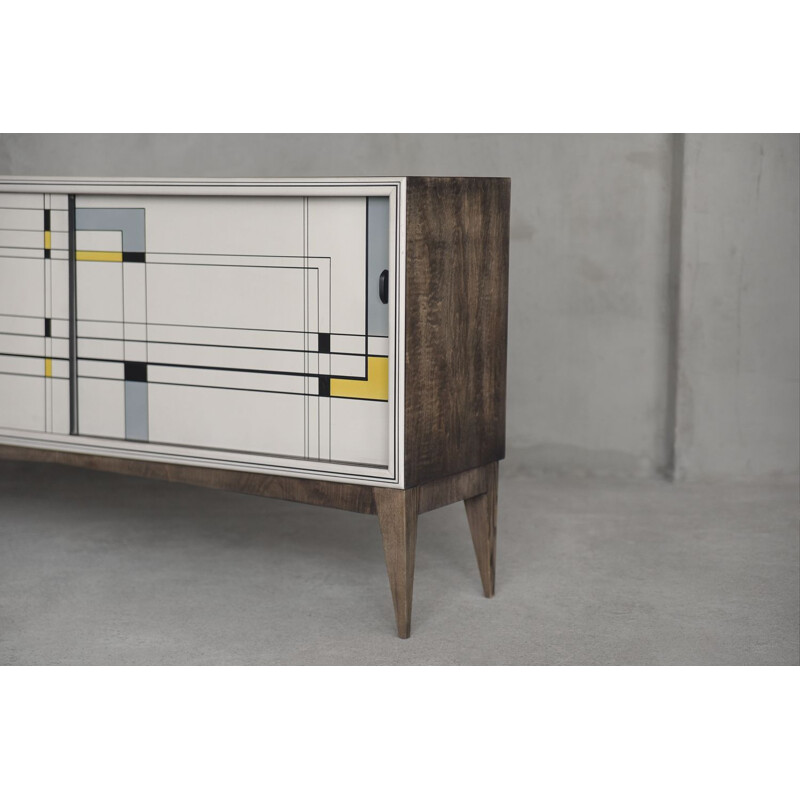 Vintage Modern Fuscous Walnut Hand Painted Sideboard, 1960