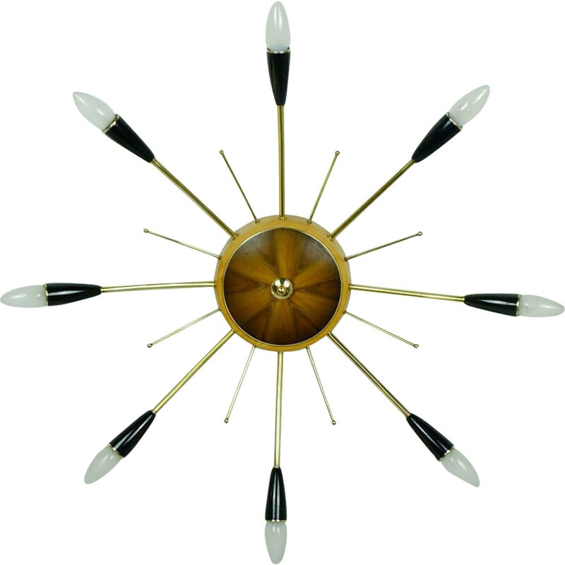 Vintage sputnik spider chandelier in brass, wood and plastic by stilnovo 1960