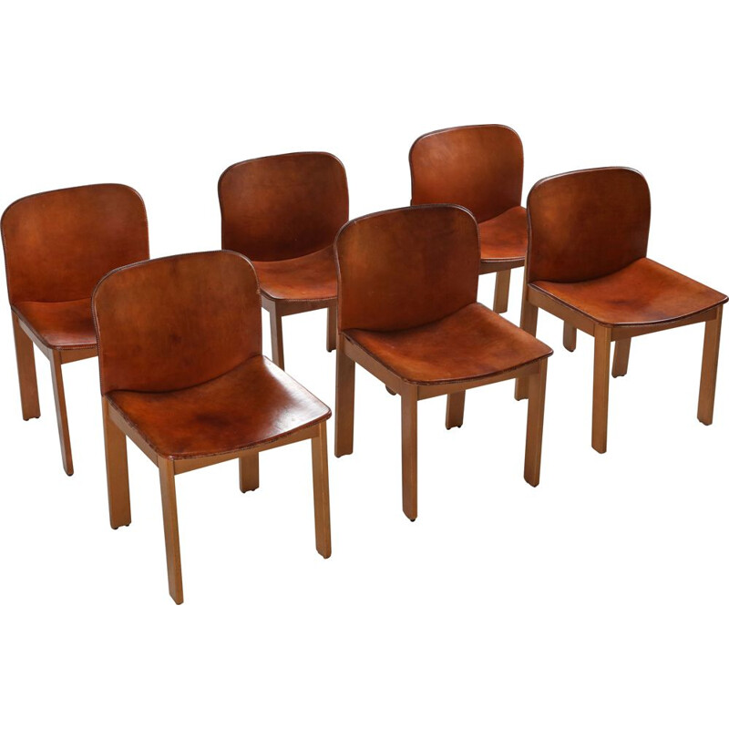 Set of 6 Vintage Cognac Leather Dining Chairs by Afra & Tobia Scarpa, 1970s