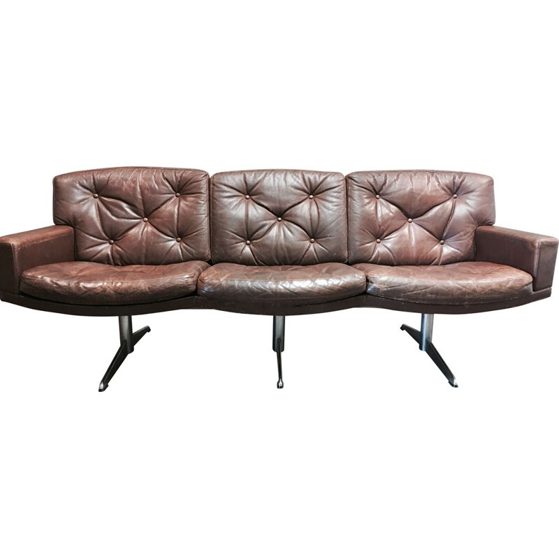 Vintage 3-seater sofa in leather and chrome, 1950s