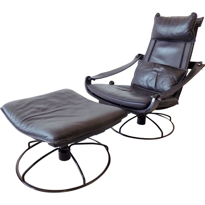 Chaise longue vintage en cuir noir Ake Fribytter avec ottoman pour Nelo