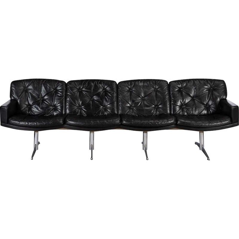 Black Leather Midcentury Modern 4-Seat Sofa by Lystager, 1960s
