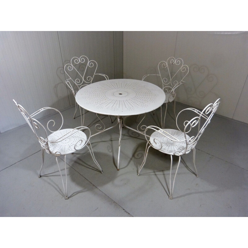 Ensemble de jardin avec table et 4 chaises en fer blanc vintage