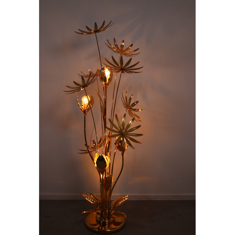 Vintage 24 kt Gold-Plated Floor Lamp with Illuminated Flowers by Hans Kögl, 1970s