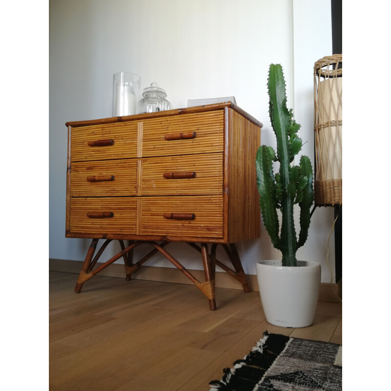 Commode à tiroirs vintage en bambou, France 1960s