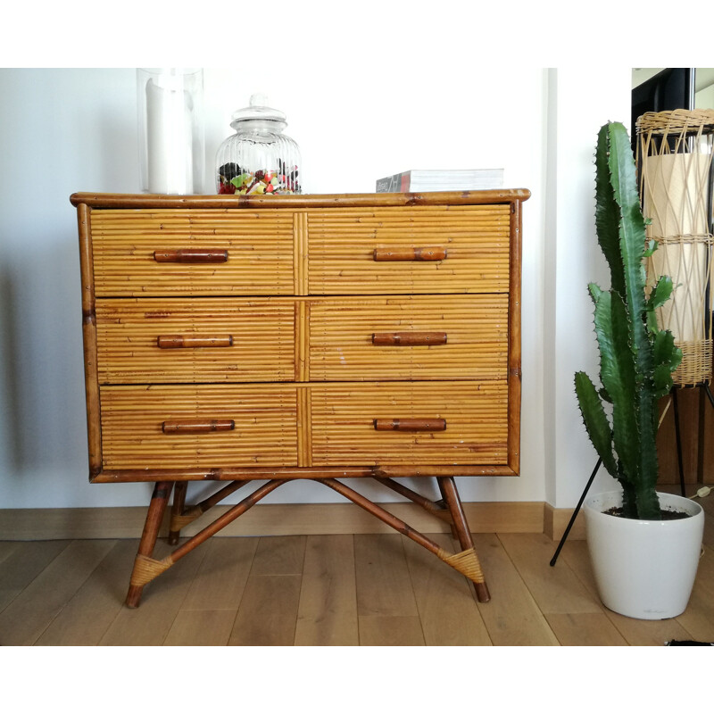 Vintage bamboo chest of drawers, France 1960s