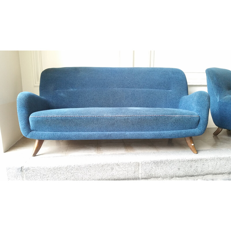 3 seater blue vintage sofa in velvet fabric, 1950