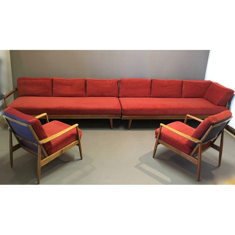 Modular vintage lounge set with 2 sofas and 2 armchairs design 1950.