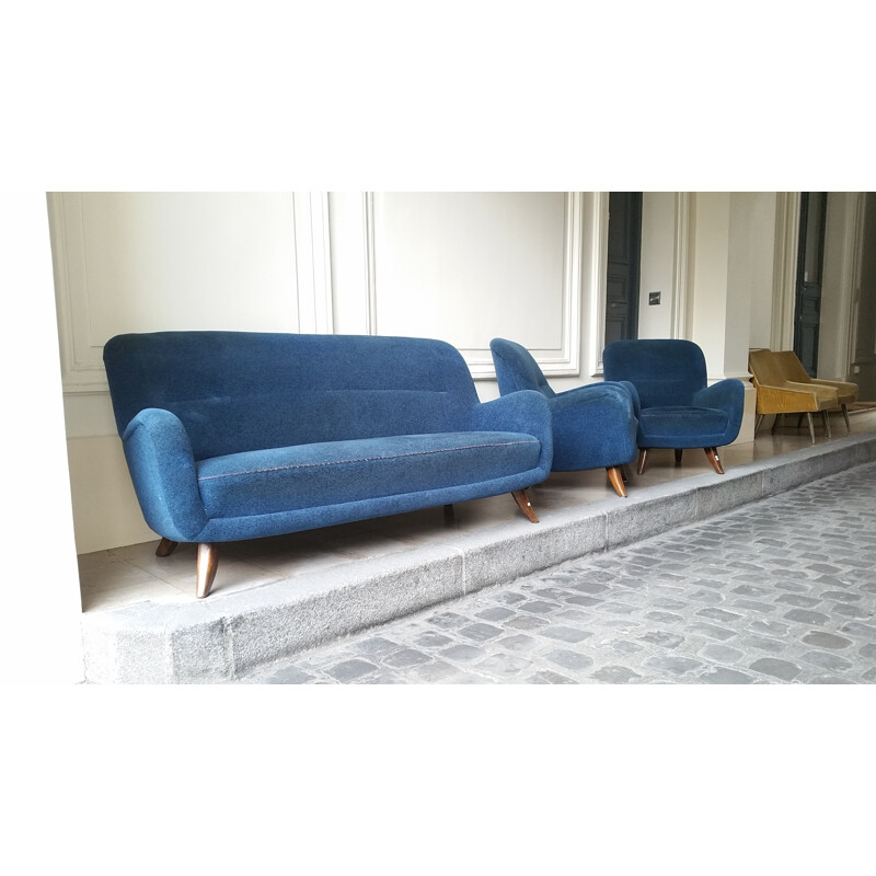 Canapé 3 places vintage bleu en tissu velours, 1950