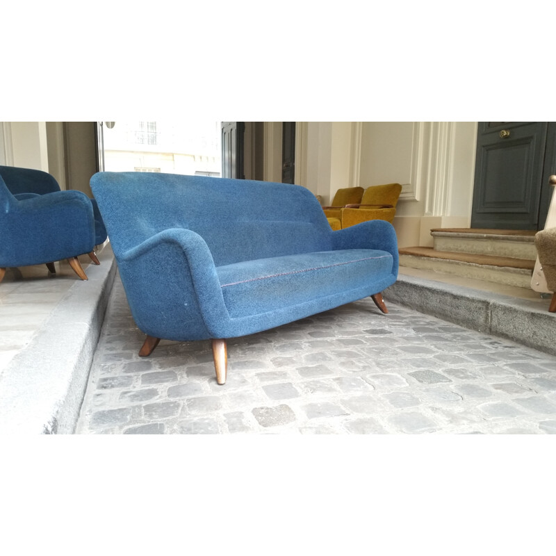 Sofá de 3 lugares em tecido de veludo azul vintage, 1950