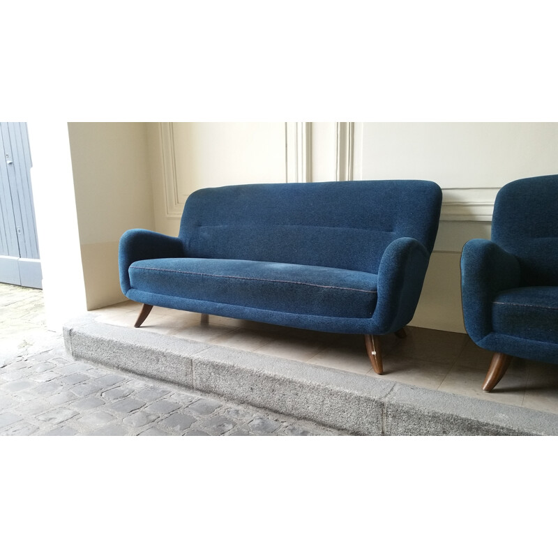 3 seater blue vintage sofa in velvet fabric, 1950