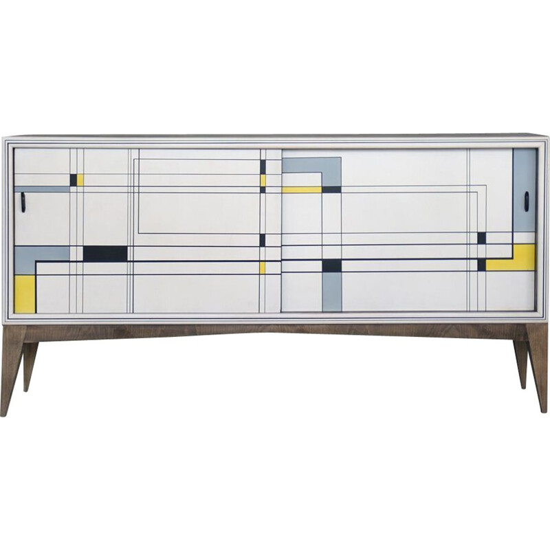 Vintage Modern Fuscous Walnut Hand Painted Sideboard, 1960