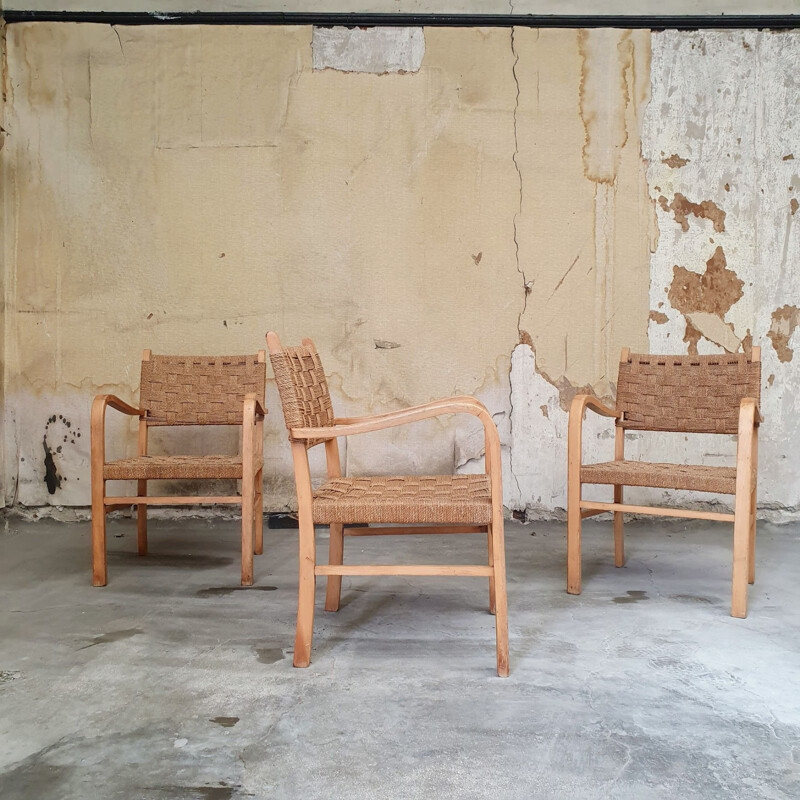 Ensemble de 3 fauteuils en corde, 1950