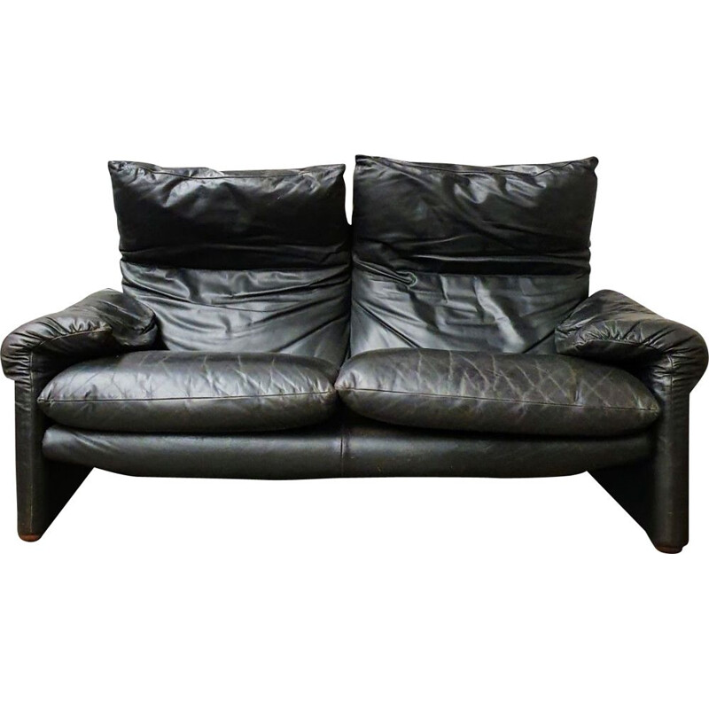 Vintage black leather Maralunga sofa by Cassina