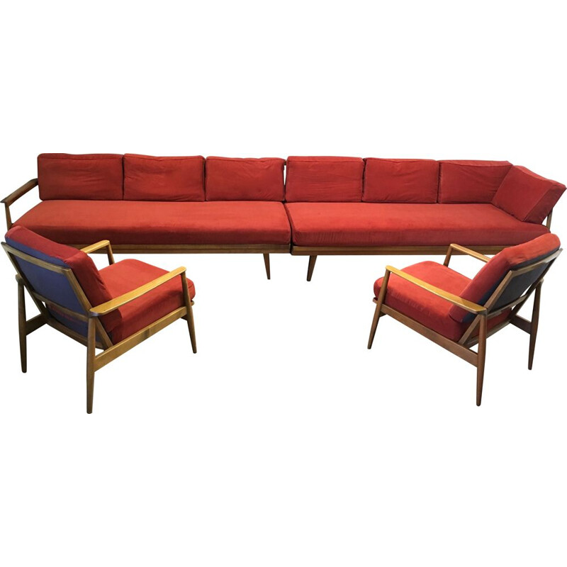 Modular vintage lounge set with 2 sofas and 2 armchairs design 1950.