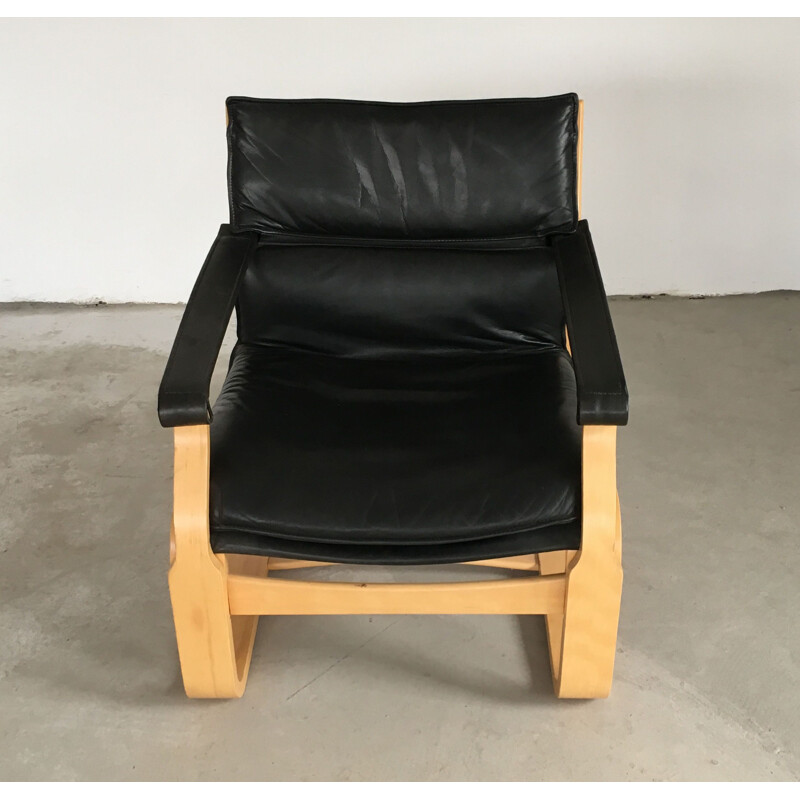 Paire de fauteuils lounge vintage Ake Fribytter en hêtre et cuir noir de Nelo, 1970