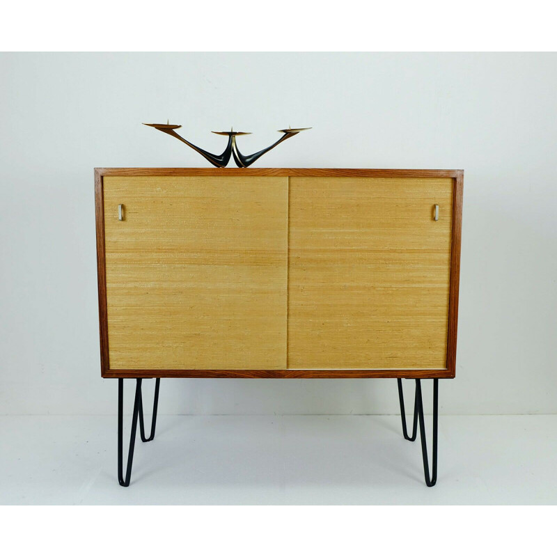 Vintage chest of drawers in rosewood with seagrass sliding doors and hairpin legs, 1960s 