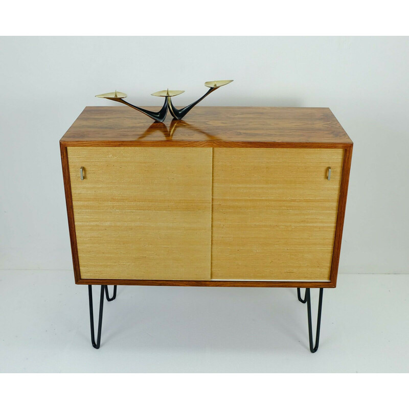 Vintage chest of drawers in rosewood with seagrass sliding doors and hairpin legs, 1960s 