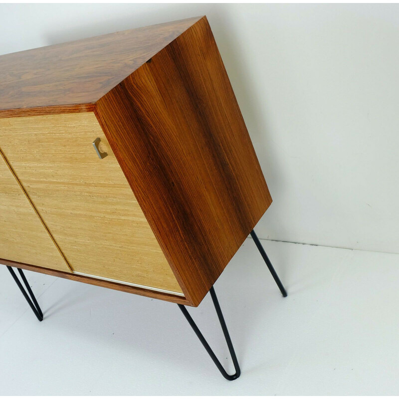 Vintage chest of drawers in rosewood with seagrass sliding doors and hairpin legs, 1960s 