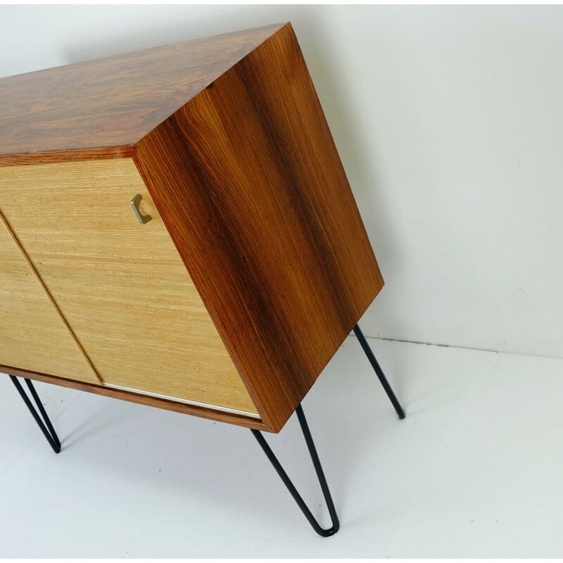 Vintage chest of drawers in rosewood with seagrass sliding doors and hairpin legs, 1960s 