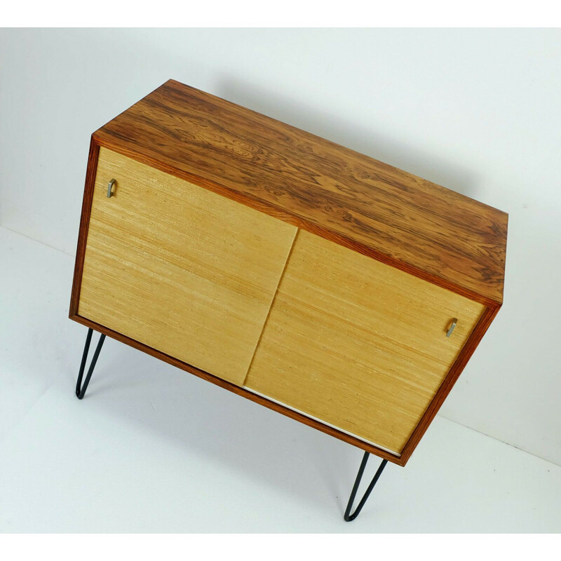 Vintage chest of drawers in rosewood with seagrass sliding doors and hairpin legs, 1960s 