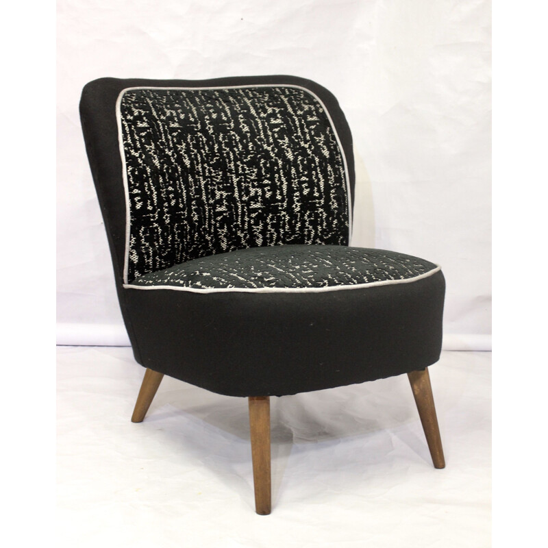 Vintage armchair with black jacquard velvet backrest