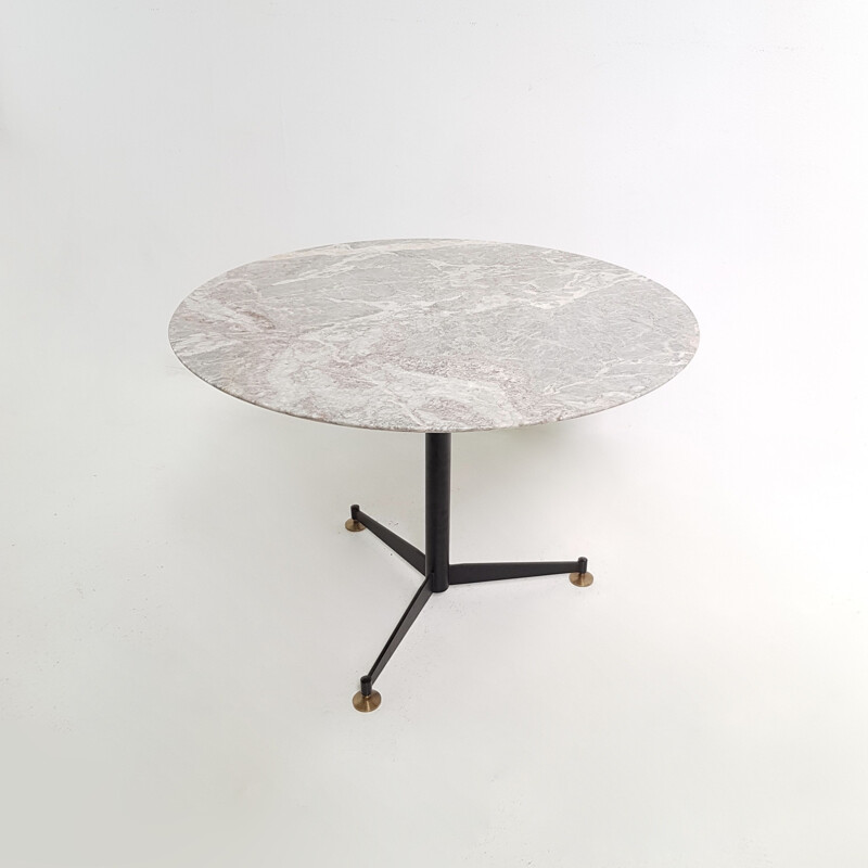 Table italienne vintage ronde en marbre et pied tripode en métal noir, 1970 