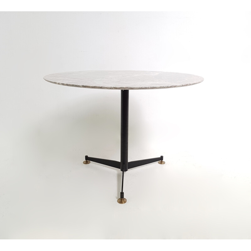 Vintage round Italian table in marble and black metal tripod leg, 1970 