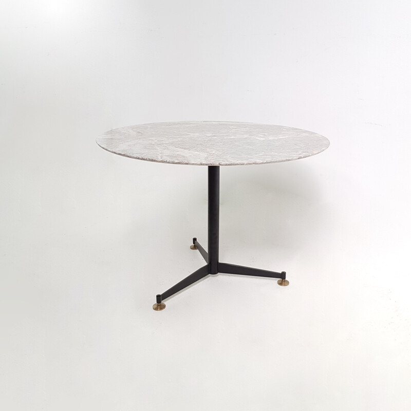 Vintage round Italian table in marble and black metal tripod leg, 1970 