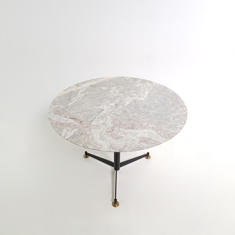 Vintage round Italian table in marble and black metal tripod leg, 1970 