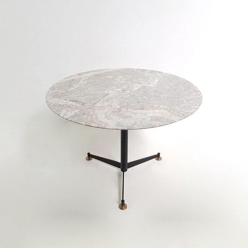 Vintage round Italian table in marble and black metal tripod leg, 1970 