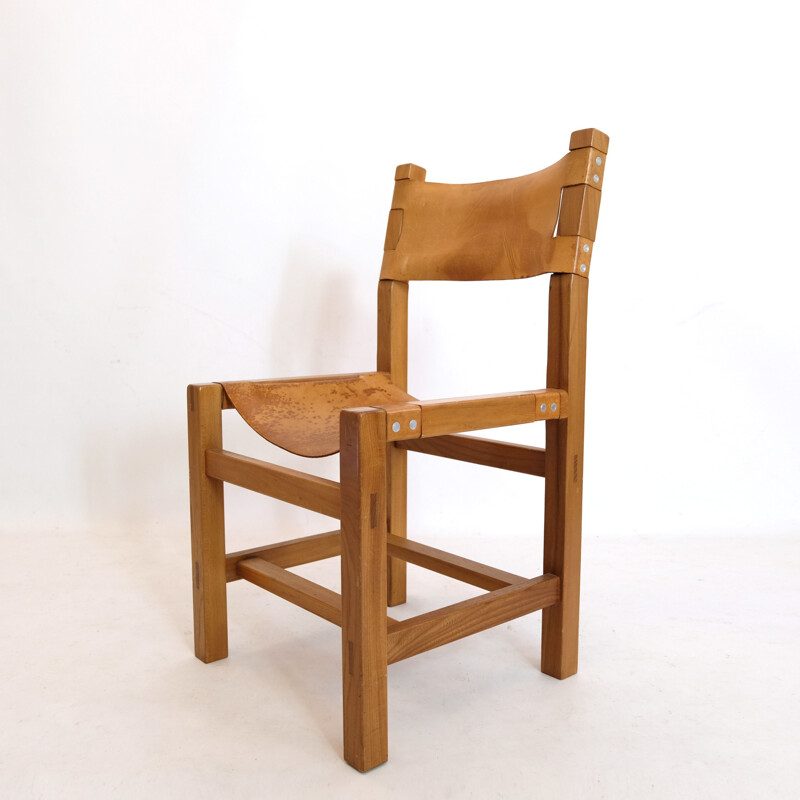Vintage solid elm and leather chair by Maison Regain, 1960-70s